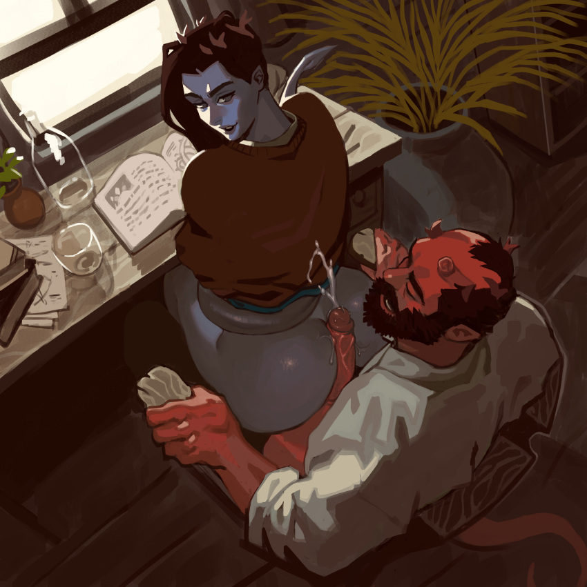 Rule 34 – 1boy 1girls ass beard black hair blue skin broken horn buttjob closed eyes crom cum cumshot demon demon boy demon girl demon horns demon tail desk detailed background female hi res horns looking back male penis pointy ears red skin sitting sitting on chair sitting on person tail window | 6772721