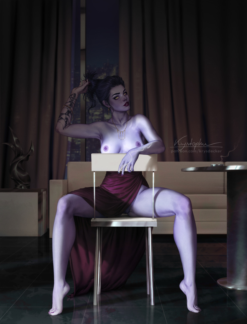 Rule 34 – absurd res armpits arms up barefoot big breasts blizzard entertainment blue skin breasts detailed background dress earrings female female only hair up jewelry krysdecker legs lipstick looking at viewer necklace nipples overwatch purple hair purple skin pussy pussy peek seductive sitting smoking solo solo female spread legs straddling toes widowmaker yellow eyes | 6785749