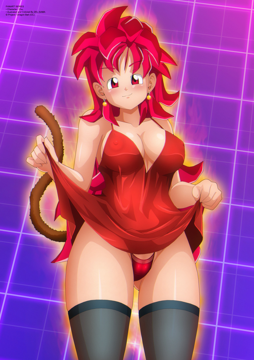 Rule 34 – aura blush breasts commission commissioner upload dragon ball dragon ball (object) dragon ball gt dragon ball heroes dragon ball super dragon ball xenoverse dragon ball z dress lift earrings eyebrows visible through hair female female only female saiyan large breasts long hair messy hair monkey tail nipples oc original original character purple background red dress red eyes red hair red panties saiyan saiyan tail shounen jump solo solo female super saiyan god tail thighhighs zel-sama zou (dragon ball xenoverse) | 5788008