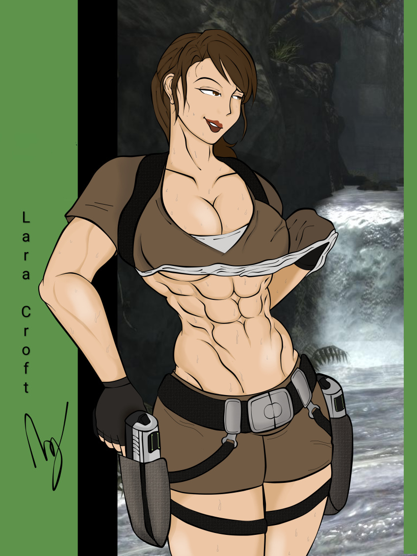 Rule 34 – abs gloves guns lara croft muscular female ponytail pulling clothing shorts thighs tomb raider tomb raider legend wet | 6791593