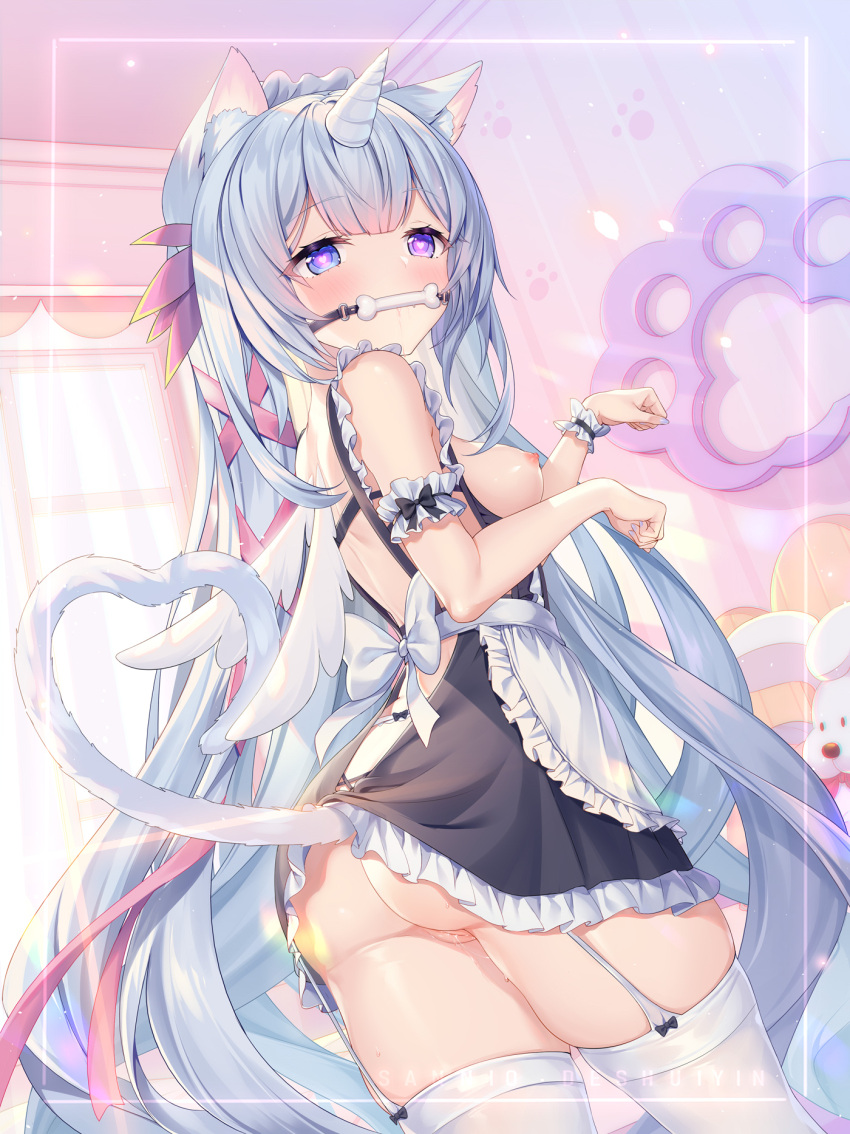 Rule 34 – alicorn animal ear fluff animal ears apron backless outfit bedroom bit gag black dress blue eyes blue hair blush cartoon bone cat ears cat girl cat tail clothes lift commentary request curtains dress feathered wings female frilled apron frilled dress frills gag garter belt garter straps hair ribbon heart heart-shaped pupils heart tail highres horns indie virtual youtuber indoors long hair maid ninico (vtuber) paw pose paw print pink ribbon pussy pussy juice ribbon sannio single horn single wrist cuff skindentation skirt skirt lift solo stuffed animal stuffed dog stuffed toy symbol-shaped pupils tail tail lift thighhighs thighs unicorn very long hair virtual youtuber white apron white thighhighs window wings wrist cuffs | 6788799