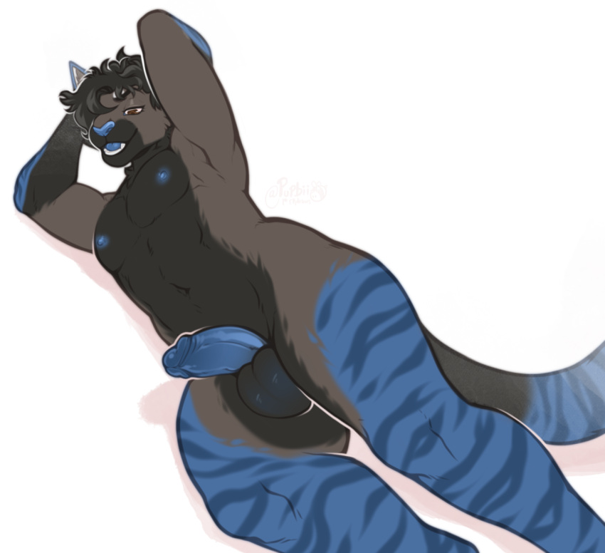 Rule 34 – anthro balls black balls black body black fur black hair blue body blue fur blue nipples blue nose blue penis blue tongue brown eyes erection felid fur genitals grey body grey fur hair hands behind head humanoid genitalia humanoid penis lying male mammal markings messy hair narrowed eyes navel nipples nude on side penis pupbii short hair signature simple background solo striped body striped fur striped legs striped markings striped tail stripes tail markings tongue white background | 6792352