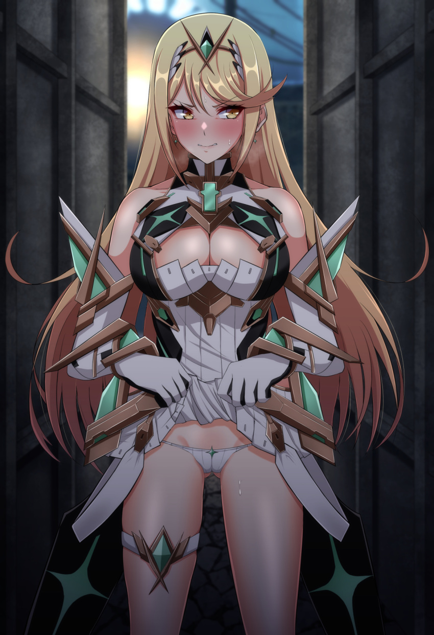 Rule 34 – 1girls 2022 alley bangs blonde hair blushing profusely breasts cleavage clothed clothed female embarrassed eruu eruu (eruuman) female female only flashing panties gold eyes long hair mythra nintendo outdoors panties swept bangs white clothing white panties xenoblade (series) xenoblade chronicles 2 | 6294516