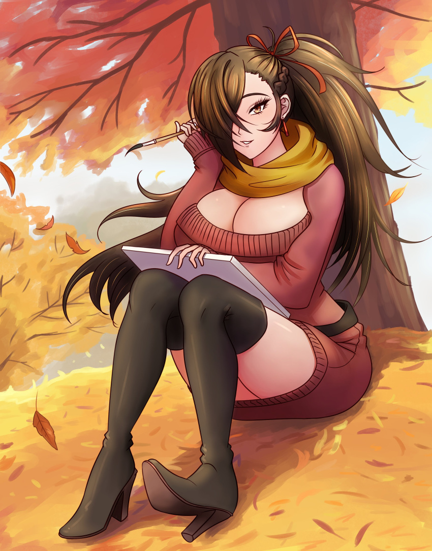 Rule 34 – 1girls absurdres alternate costume autumn autumn leaves black footwear boots braid breasts brown hair cleavage deep cleavage dress female female only fire emblem fire emblem fates hair over one eye hair tie high heel boots high heels higher resolution available highres holding holding sketchbook huge breasts kagero (fire emblem) knees up leaf pile long hair looking at viewer nintendo paintbrush parted lips ponytail red ribbon ribbon scarf single braid sitting sketchbook smile solo sweater sweater dress thigh boots thighs tree very long hair will (willanator93) willanator yellow scarf | 6782082