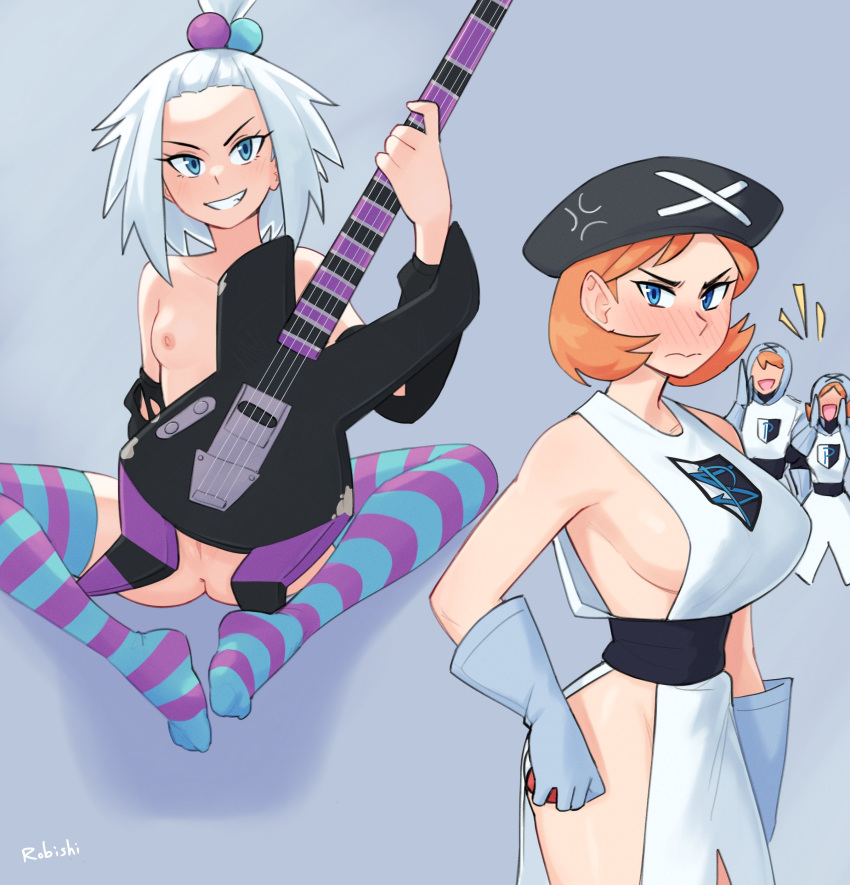 Rule 34 – 1boy 3girls absurdres anger vein artist name bare shoulders bass guitar blue eyes blush breasts commentary cosplay detached sleeves forehead gloves grey background grin hair bobbles hair ornament highres holding holding poke ball instrument kasumi (pokemon) large breasts multiple girls nipples nude orange hair poke ball pokemon pokemon (game) pokemon bw2 pokemon hgss pussy pussy peek rob ishi roxie (pokemon) short hair sideless outfit simple background small breasts smile spread legs striped striped thighhighs symbol-only commentary team plasma team plasma grunt team plasma grunt (cosplay) team plasma uniform thighhighs topknot v-shaped eyebrows white hair | 6855015