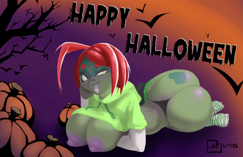 Rule 34 – 1girls crop top fozuna green skin halloween heart tattoo hoodie large ass large breasts nude panties partially clothed pumpkin purple nipples red body solo female solo focus tongue tree unknownspy yellow eyes zo (unknownspy) zombie girl | 6791203