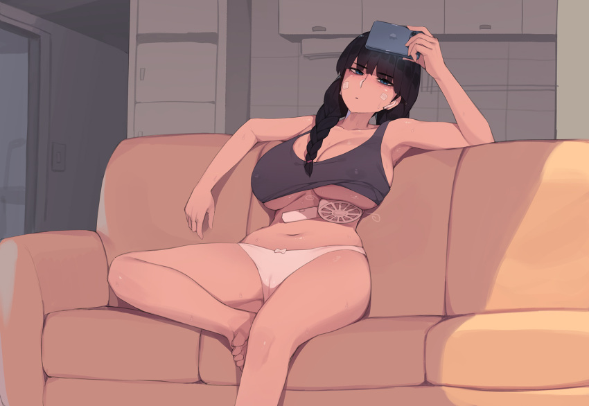 Rule 34 – 1girls 2022 barefoot black hair black tank top braid breasts cellphone couch female female female only highres holding holding phone hot indoors large breasts long hair on couch original panties pepper0 phone sitting solo solo female sweat tank top toes twin braids underwear white panties | 6779711