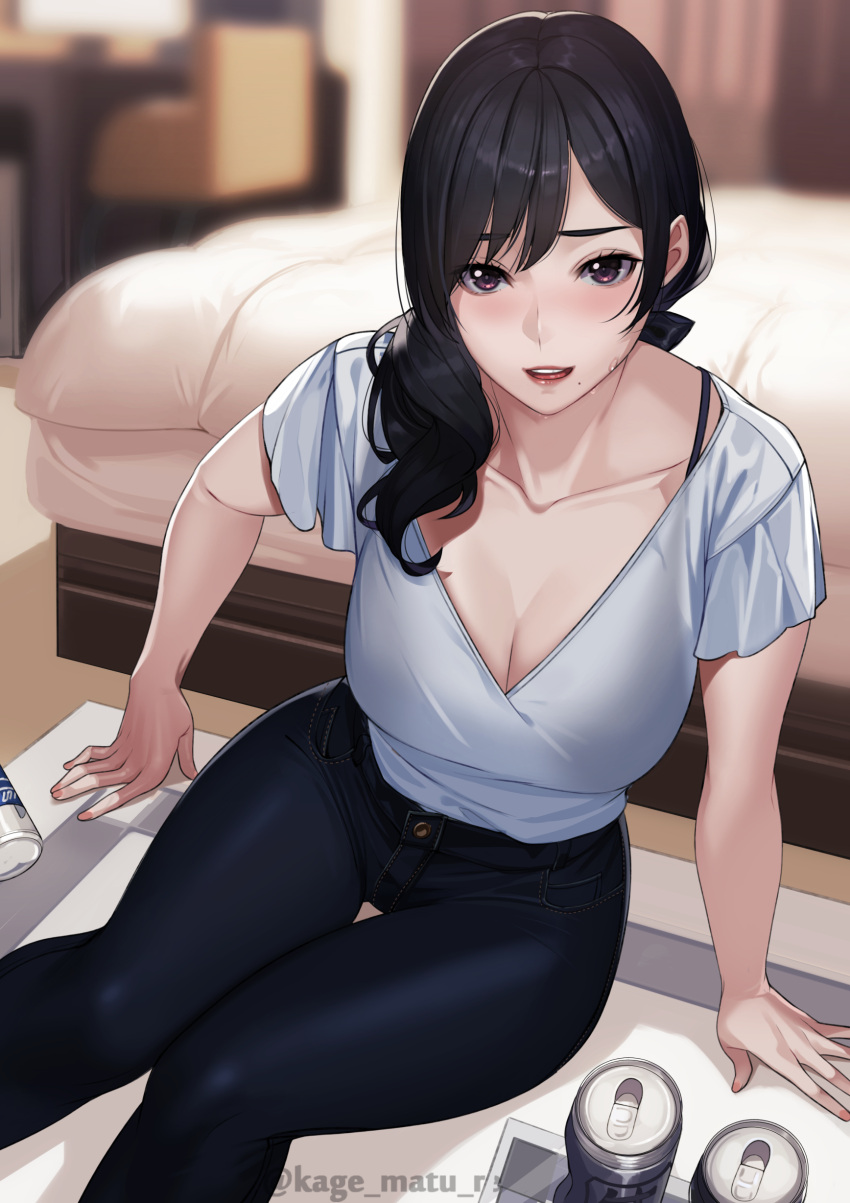 Rule 34 – 1girls absurdres arm support bangs bed beer can black hair blurry background breasts cleavage denim female female focus hair over shoulder highres indoors jeans kagematsuri large breasts long hair looking at viewer mole under mouth original purple eyes shirt short sleeves swept bangs tsurime white shirt | 6795617