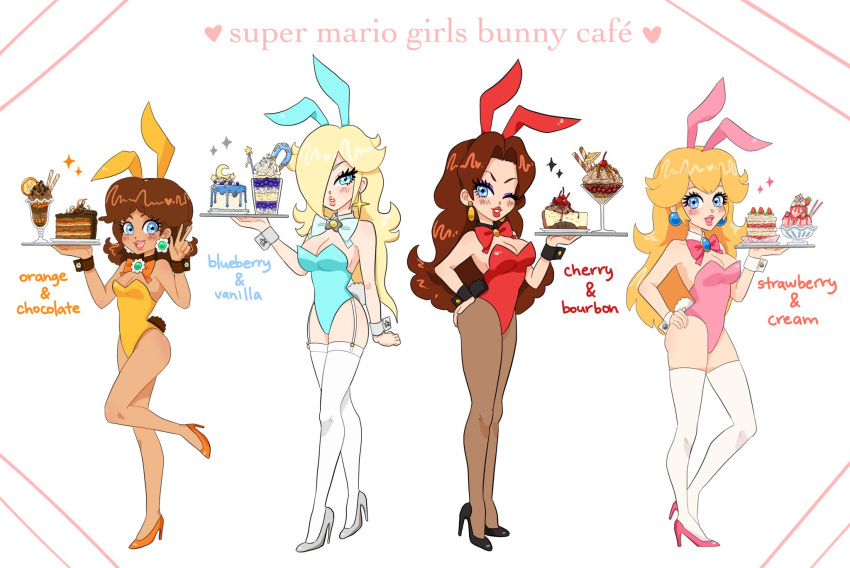 Rule 34 – 4girls blonde hair blue eyes blue latex brown hair bunny girl bunny tail bunnysuit fake animal ears fake tail high heels latex latex stockings latex suit long hair mario (series) nintendo pauline pink latex princess daisy princess peach princess rosalina raranuki red latex short hair waitress white latex yellow latex | 6745887