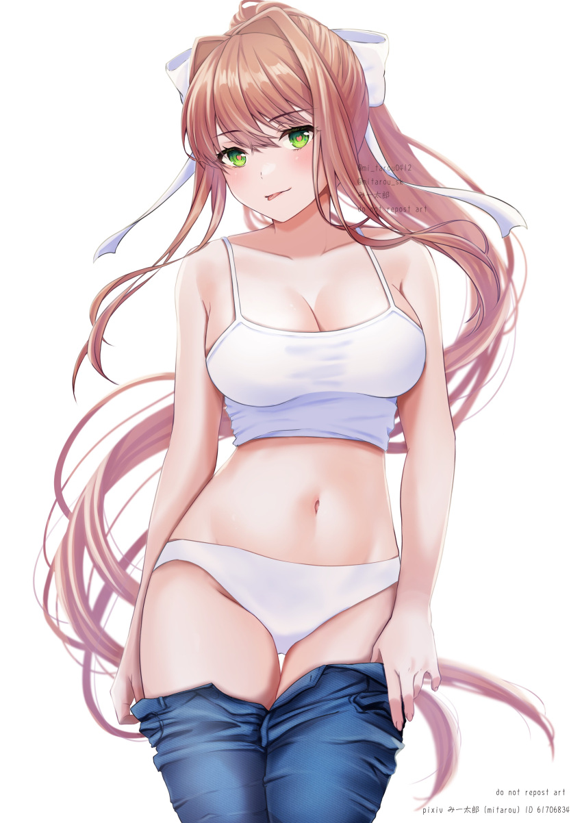 Rule 34 – 1girls bra? brown hair doki doki literature club female green eyes looking at viewer mitarou sk monika (doki doki literature club) panties pants pants down solo undressing white background white bra white panties | 6795605
