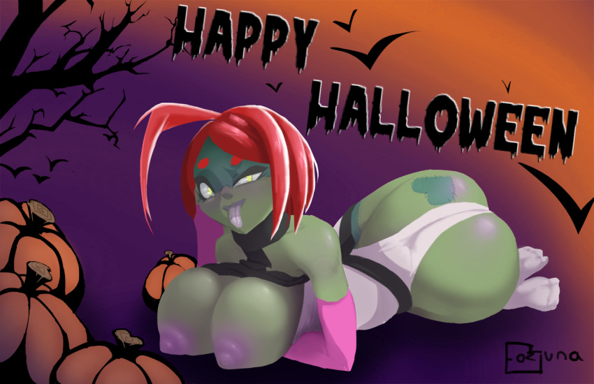 Rule 34 – 1girls breasts outside cosplay fozuna green skin halloween heart tattoo large ass large breasts nude partially clothed pumpkin purple nipples red body solo female solo focus sploot cosplay tongue tree unknownspy yellow eyes zo (unknownspy) zombie girl | 6791207