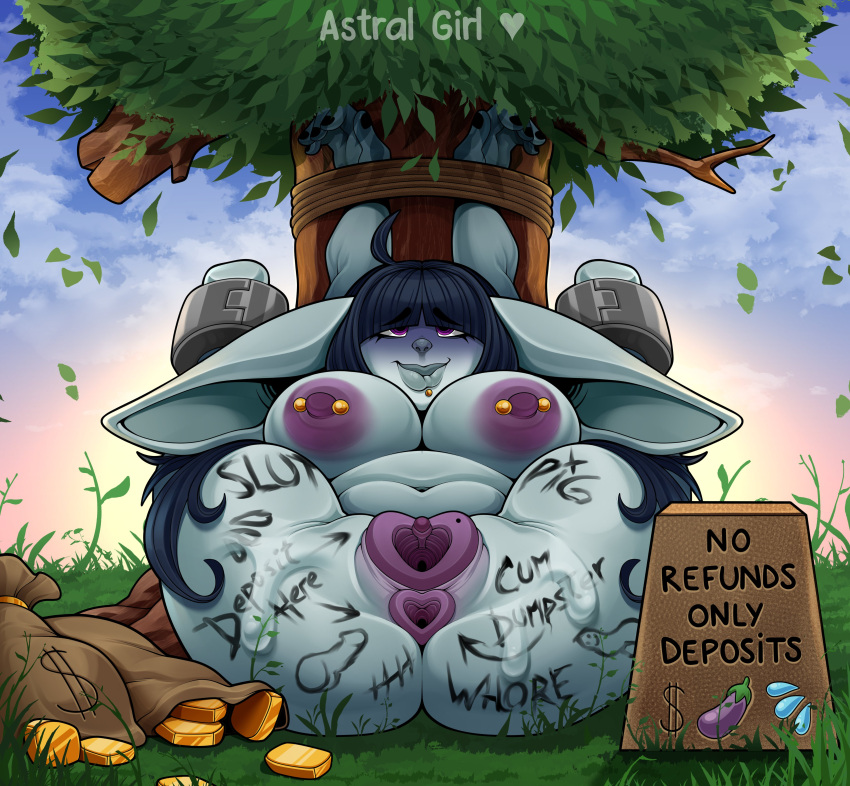 Rule 34 – 1girls 2022 absurd res ankle cuffs anus areolae ass astral girl bangs big breasts big ears blue hair blunt bangs chin piercing cuff (restraint) dark blue hair english text eyebrows visible through hair female female only goblin goblin female gold grey skin heart shape long hair looking up mole mole on pussy narrowed eyes nipple piercing nipples nude nude female outdoors pointy ears purple eyes pussy smiling solo solo female stretched anus stretched pussy text tied up tree writing on body | 6740889