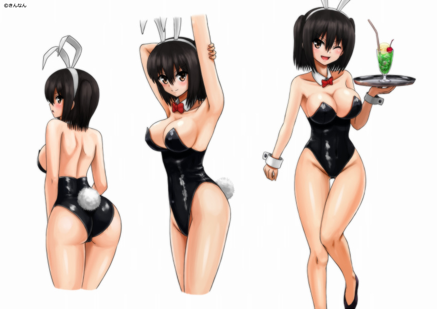Rule 34 – animal ears armpits arms up artist name ass bare legs black hair black leotard bow bowtie breasts brown eyes cleavage cowboy shot detached collar drink female highres kantai collection kinnan leotard medium breasts multiple views one eye closed playboy bunny rabbit ears rabbit tail red bow red bowtie sendai (kantai collection) short hair simple background standing standing on one leg strapless strapless leotard tail tray two side up white background wrist cuffs | 6820765