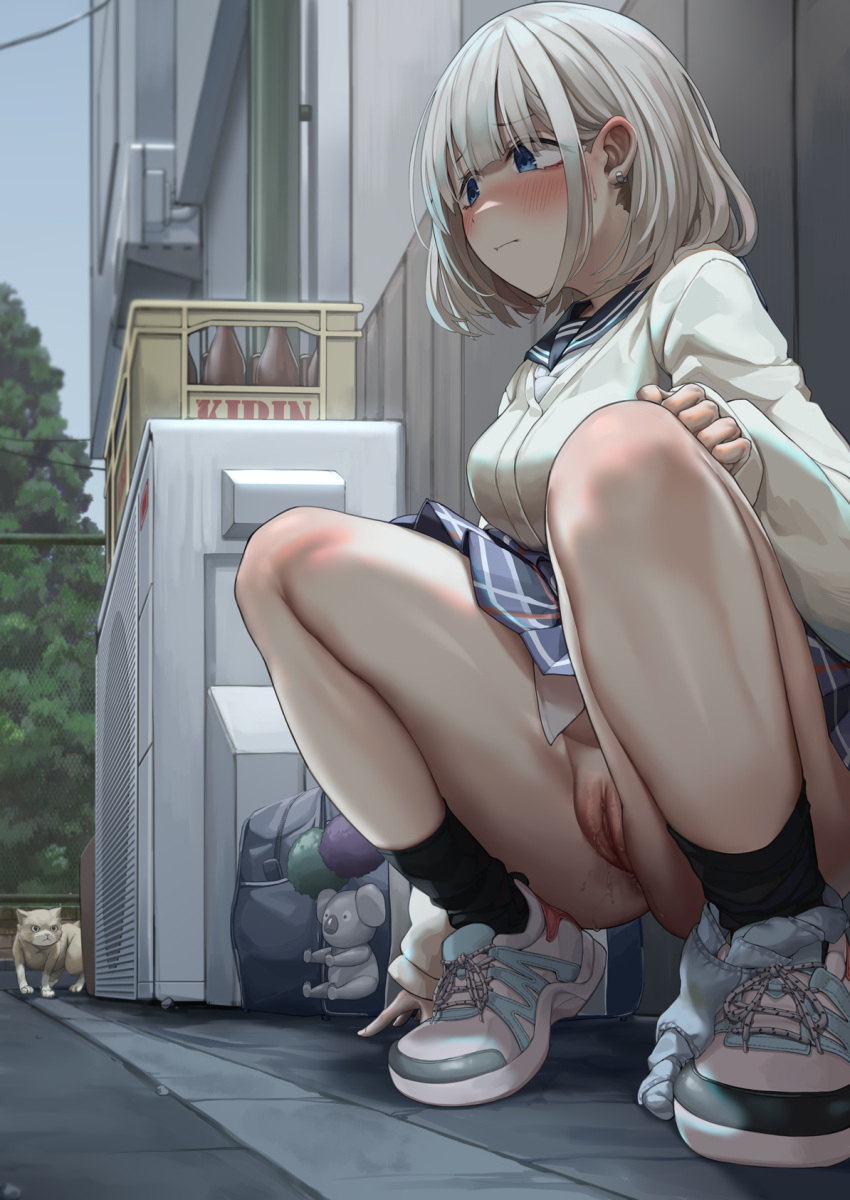 Rule 34 – ankle socks anklehighs bag black socks blue eyes blue panties blush bottomless skirt cardigan commission day earrings feline female highres idolmaster idolmaster shiny colors jewelry legs outdoors paid reward available panties panties around one leg pussy school bag school uniform serafuku serizawa asahi shoes short hair skirt sneakers socks squatting tree uncensored underwear wei yu white hair | 6880867