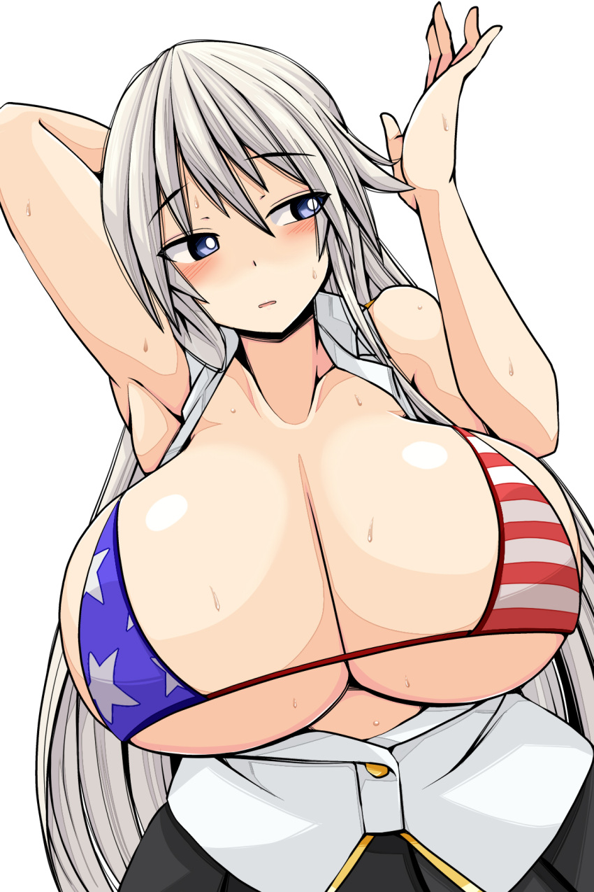 Rule 34 – alternate breast size american flag bikini azur lane bikini bikini top only blue eyes breasts collared shirt enterprise (azur lane) female flag print highres huge breasts imagawa akira long hair looking to the side pleated skirt shirt skirt sleeveless sleeveless shirt swimsuit upper body very long hair white hair white shirt | 6763576