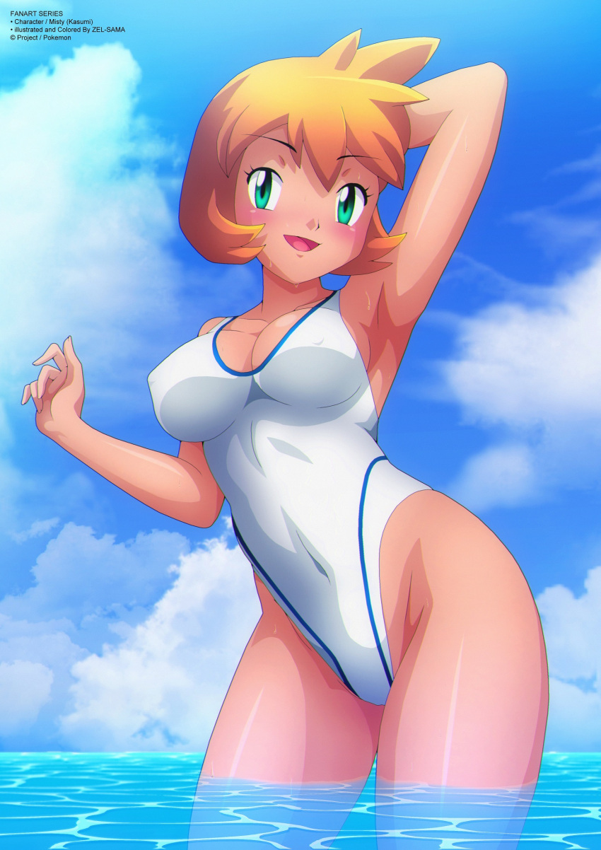 Rule 34 – alluring bangs bikini blush breasts covered navel creatures (company) eyelashes female game freak gen 2 pokemon green eyes gym leader highres holding huge breasts human kasumi (pokemon) large breasts legs misty (pokemon) misty (pokemon hgss) navel nintendo open mouth pale skin pokemon pokemon (game) pokemon gsc pokemon hgss shiny shiny hair short hair smile solo swimsuit swimwear thighs water wet white bikini zel-sama | 6813687