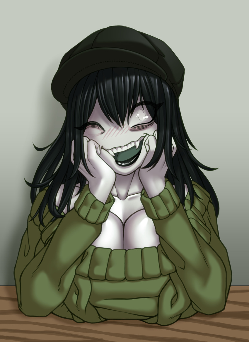 Rule 34 – black hair creepette (sleeplesscreeper) elbows on table hat open mouth resting on arms sharp teeth sweater table white eyes white skin wink | 6794382