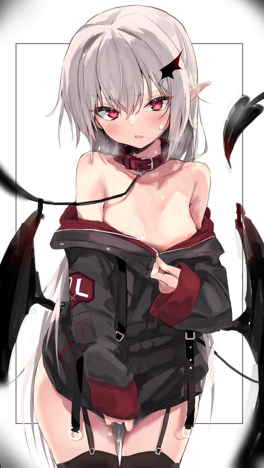 Rule 34 – absurdres bare shoulders black jacket black thighhighs black wings blush breasts cleavage collar collarbone demon girl demon tail demon wings female garter straps grey hair hair between eyes hair ornament highres jacket leash long sleeves looking at viewer medium breasts original pointy ears pussy juice red collar red eyes short hair solo sweatdrop tail thighhighs thighs toshizou (0714) wings zipper | 6796501
