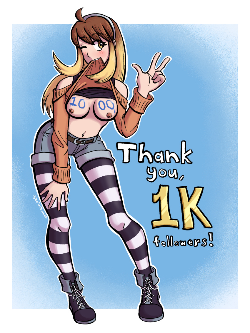 Rule 34 – 2022 biting shirt blonde hair blush body writing boobs boobs out boots breasts breasts out breasts outside breezebender brown hair denim shorts digital media (artwork) exhibitionism exposed breasts female hairband hand on thigh jean shorts lace leggings looking at viewer luccia (breezebender) midriff milestone milestone celebration multicolored hair off shoulder original original character pantyhose peace sign pinup pinup pose shirt lift shirt up shoelaces shorts simple background solo solo female solo focus striped striped legwear striped pantyhose sweater sweater lift tank top tank top lift thank you tights tits tits out two tone hair wink winking winking at viewer writing writing on body writing on breasts | 6804788