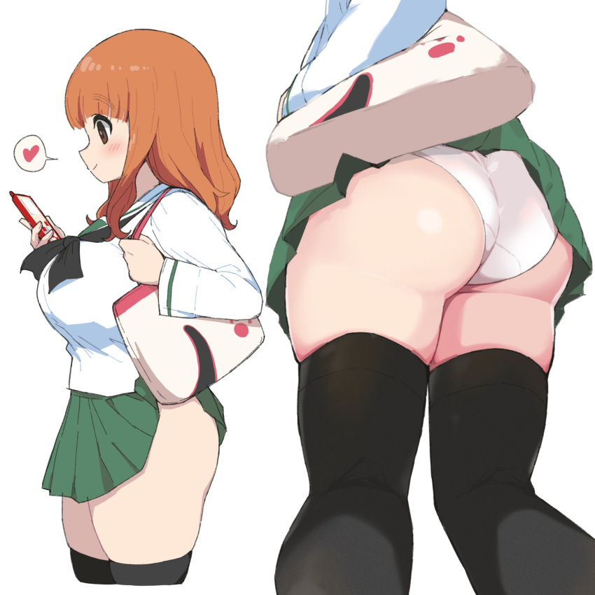 Rule 34 – 1girls ass bag big ass big breasts big butt breasts brown eyes female only girls und panzer happy legwear long hair low-angle view oblivious orange hair panties phone school uniform schoolgirl skirt skirt lift smile spoken heart standing takebe saori thick thighs thighhighs thighs white panties yabai gorilla | 6791884