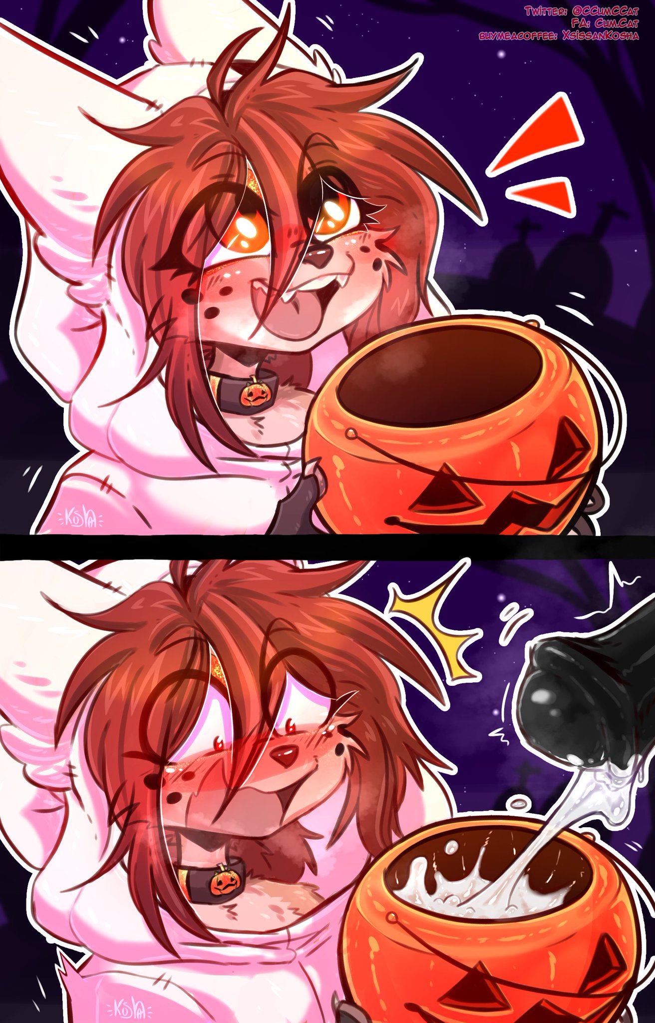 Rule 34 – anthro black nose black penis bodily fluids brown hair claws clothing collar costume cum cum.cat eyebrows eyelashes felid feline female genital fluids genitals hair halloween hi res holidays hoodie male mammal markings orange eyes penis plant pumpkin basket purple sky spots spotted markings star suprised look teeth tombstone tongue topwear tree trick or treat two panel image | 7031527