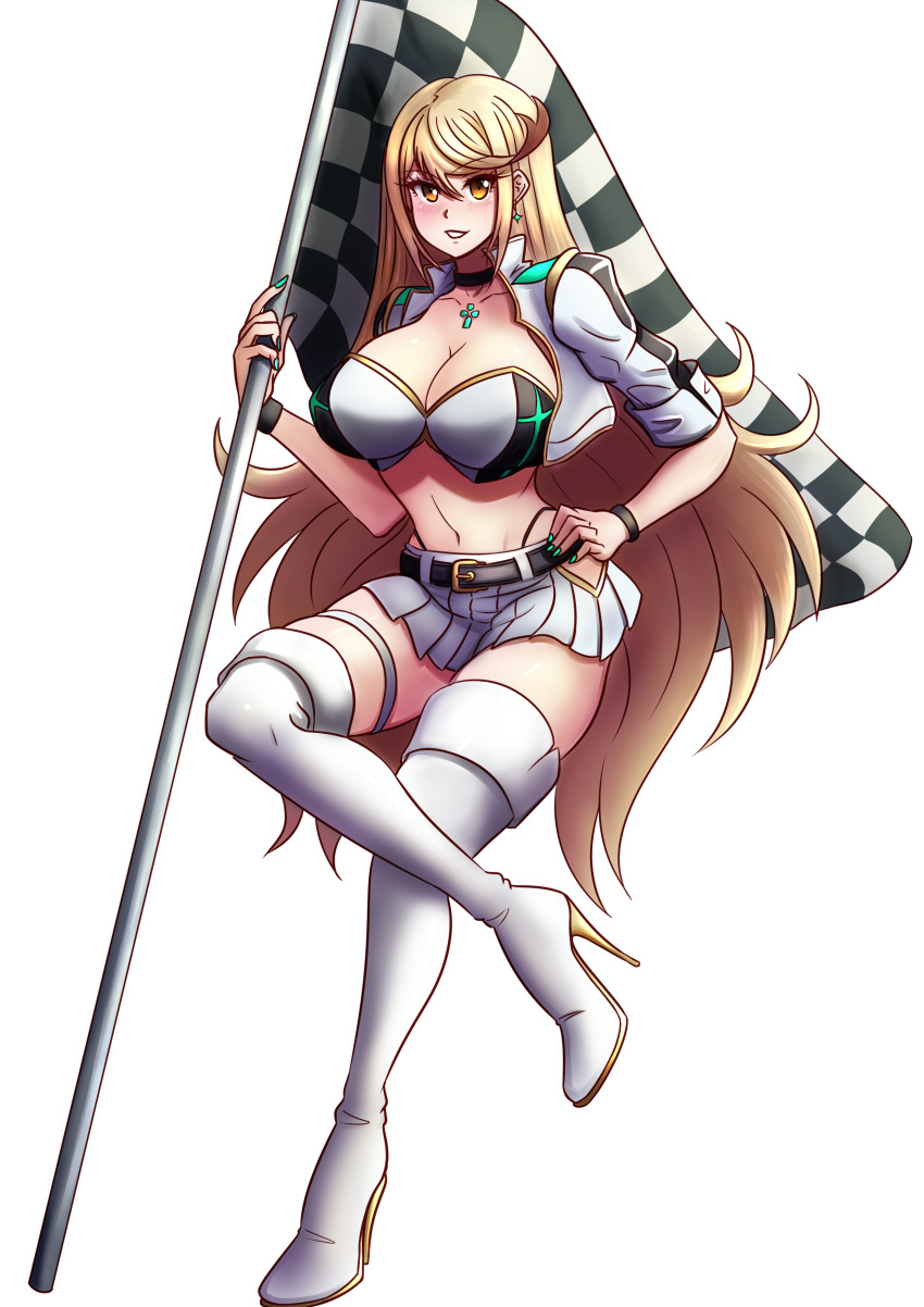 Rule 34 – 1girls belt beltskirt blonde hair boots breasts checkered flag choker core crystal crop top cropped jacket earrings flag hand on hip high heel boots high heels highleg highleg panties holding flag jacket large breasts latex long hair looking at viewer midriff miniskirt mythra navel nintendo painted fingernails race queen skirt thigh strap white jacket white skirt willanator xenoblade (series) xenoblade chronicles 2 yellow eyes | 7062150
