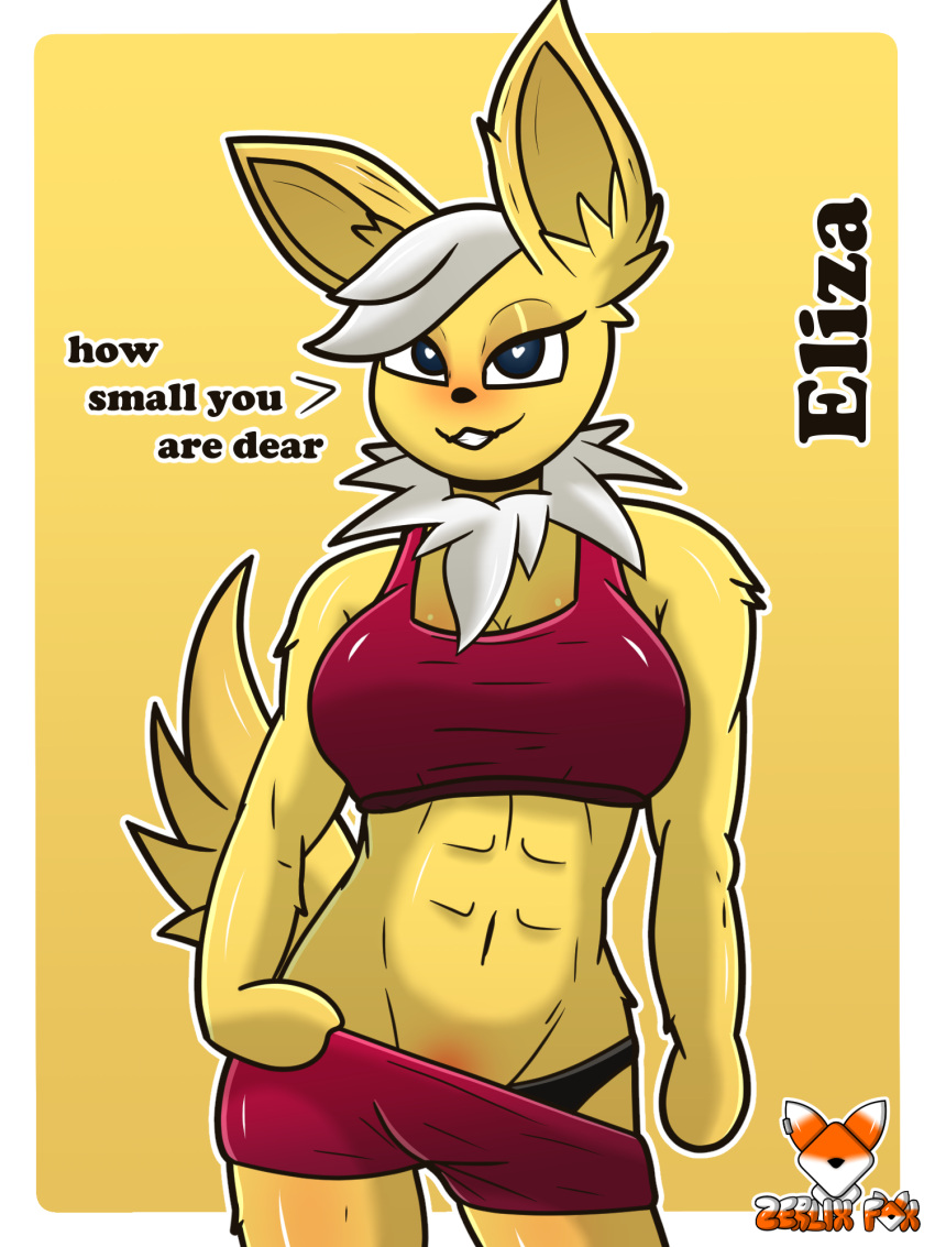 Rule 34 – 2022 3:4 anthro anthrofied breasts canid clothed clothing curvy figure dialogue digital media (artwork) eeveelution eliza (zerlix fox) english text eyelashes facial tuft footwear generation 1 pokemon gynomorph heart hi res intersex jolteon latex legwear looking at viewer mammal muscular nintendo pokemon pokemon (species) pokemorph raised clothing raised topwear red eyes seductive shirt signature socks solo tank top text topwear tuft underwear video games yellow body zerlix fox | 6987297