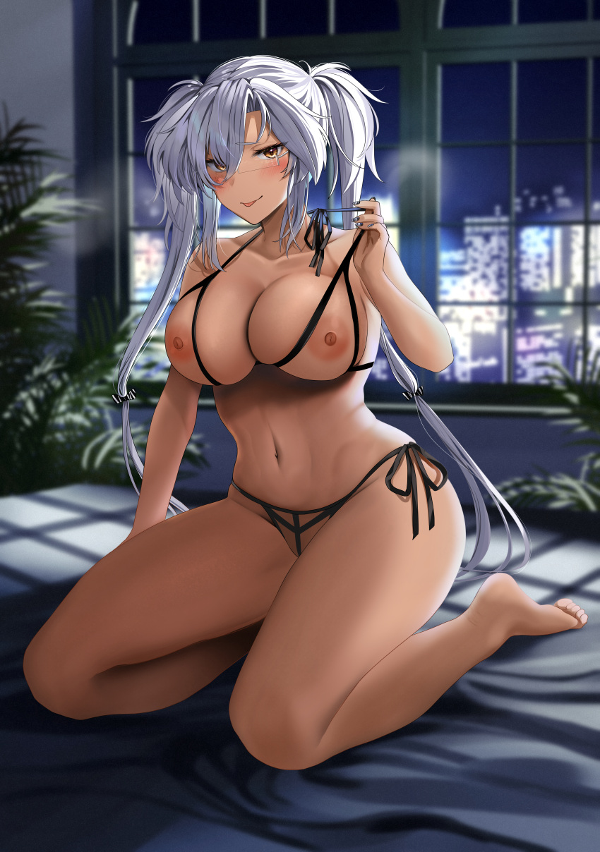 Rule 34 – barefoot breasts dark-skinned female female kantai collection large breasts looking at viewer musashi (kantai collection) red eyes silver hair sitting solo tongue out twintails undressing yunamaro | 7046594