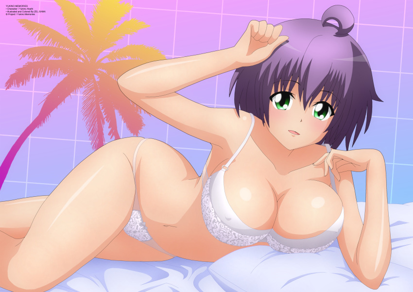 Rule 34 – 1girls arm support arm up big breasts bra breasts busty cleavage female female only green eyes hi res large breasts legs looking at viewer lying navel open mouth original panties purple hair short hair smile solo thighs underwear voluptuous white bra white panties yukino akaihi yukino memories zel-sama | 6961630