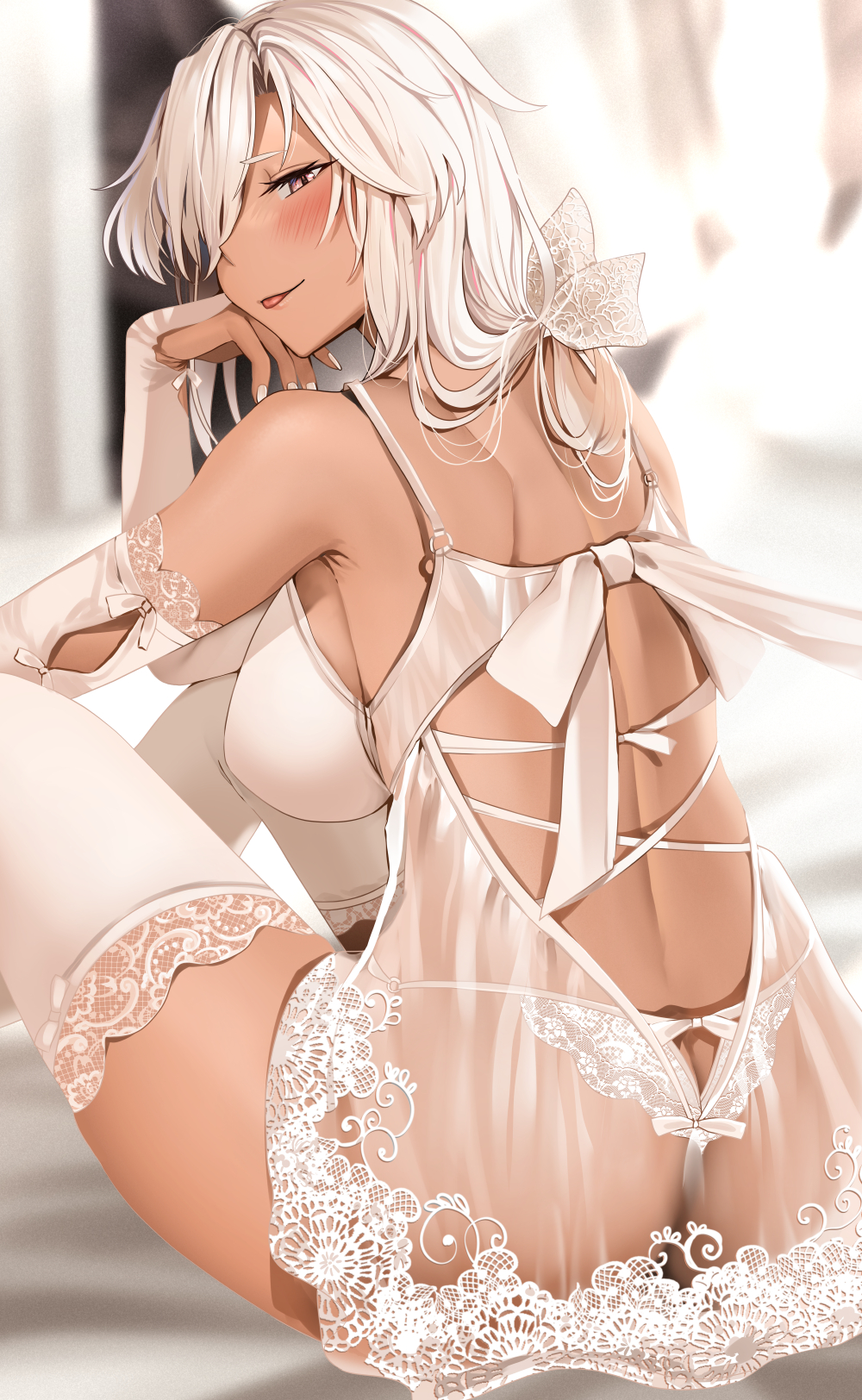 Rule 34 – :p ass back blurry blurry background bra breasts bridal gauntlets brown eyes dark-skinned female dark skin elbow gloves female fingerless gloves from behind gloves hair over one eye highres kantai collection large breasts lingerie long hair looking at viewer looking back musashi (kantai collection) on bed panties sitting solo thighhighs tongue tongue out underwear white bra white gloves white hair white nails white panties white thighhighs yunamaro | 7064634