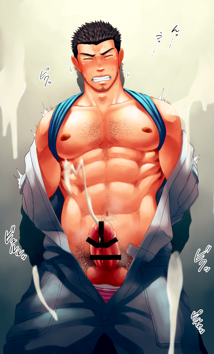 Rule 34 – 1boy abs bar censor bara bare pectorals bare shoulders blue shirt blush censored chest hair clenched teeth clothes lift cum ear blush ejaculation erection facial hair feet out of frame frown goatee hairy handsfree ejaculation highres large pectorals long sideburns looking at viewer male focus male only male pubic hair male underwear male underwear peek male underwear pull mature male muscular muscular male navel navel hair nipples obliques open jumpsuit original pectorals penis pink male underwear projectile cum pubic hair shirt shirt behind neck shirt lift shirt pulled behind neck short hair sideburns solo stomach sweat teeth thick eyebrows trembling underwear unplugged line veins veiny penis | 6285534