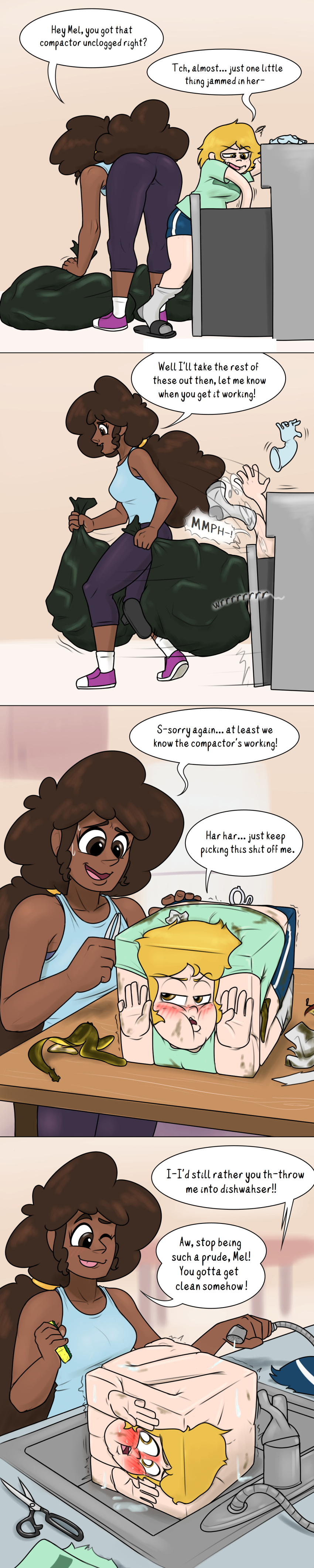 Rule 34 – 2girls blush blushing profusely comic cutting clothes dialogue noh-buddy nude sink squished transformation trash trash bag trash compactor washing washing another | 7197929