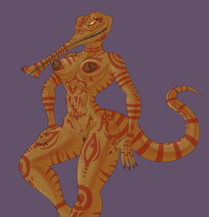 Rule 34 – 1girls belly piercing body markings bodypaint breasts clitoris clitoris piercing clitoris ring crocodile crocodilian eyeliner female gharial hand on own thigh hand on thigh leg bent liarborn long snout nails narrow snout nipple piercings nose piercing nose ring one leg raised one leg up orange orange scales orange skin painted nails pierced nipples piercings purple background red body markings red eyeliner red markings red nails red paint scalie sefsefse sharp teeth simple background solo tail teeth | 7172840