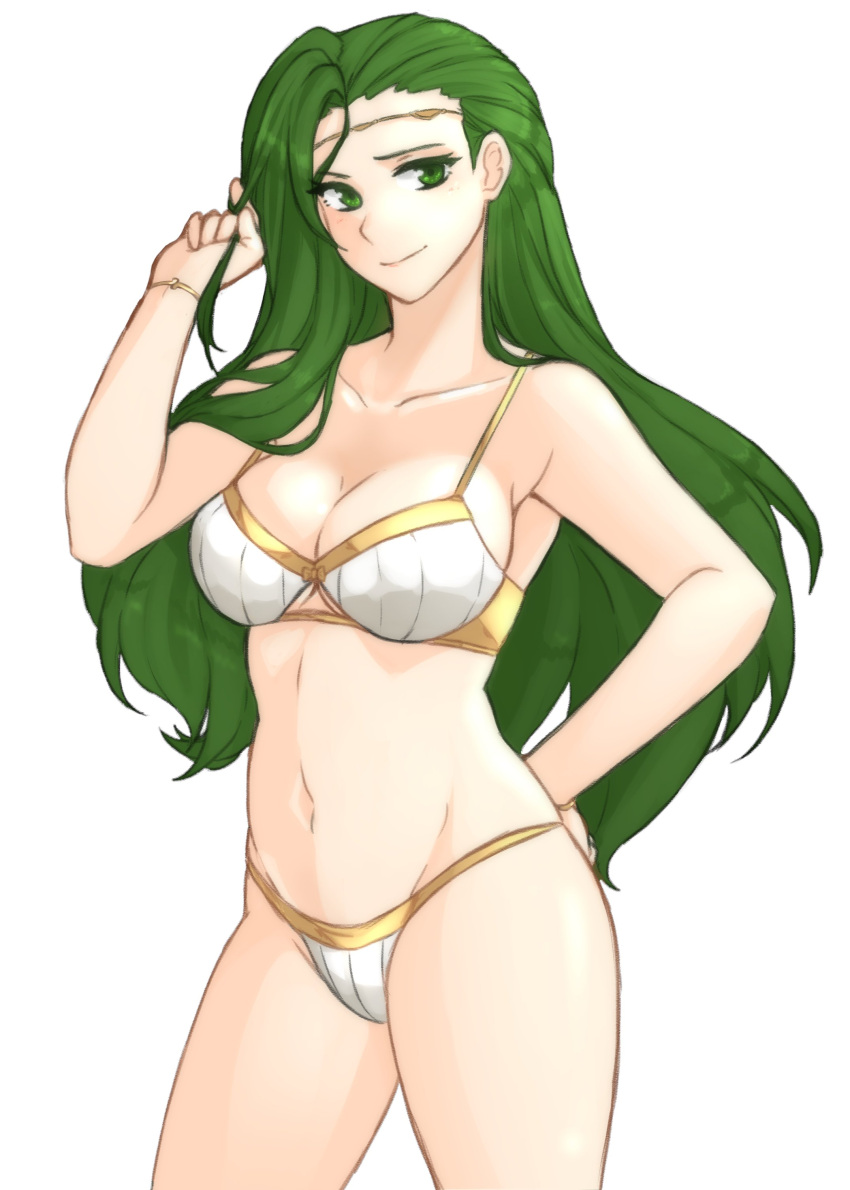 Rule 34 – 1girls absurdres alternate costume annand (fire emblem) arms behind back bangs bare shoulders bra breasts circlet cleavage cowboy shot female female female only fire emblem fire emblem: genealogy of the holy war gold trim green eyes green hair hair tucking highres large breasts long hair looking at viewer mature female navel nintendo panties simple background smile solo standing thighs tridisart underwear white bra white panties | 7084958