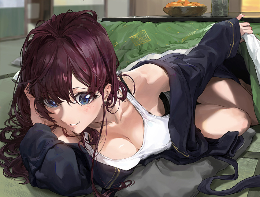 Rule 34 – :3 bare shoulders blue eyes blurry blurry background blush breasts cleavage earrings eyebrows visible through hair female food fruit hand in hair ichinose shiki idolmaster idolmaster cinderella girls indoors jewelry kotatsu kotatsu invitation long hair long sleeves looking at viewer lying mandarin orange medium breasts mossi nail polish off shoulder on side parted lips pillow purple hair red nails shirt sleeveless sleeveless shirt solo table under kotatsu under the table wavy hair white shirt | 5536814