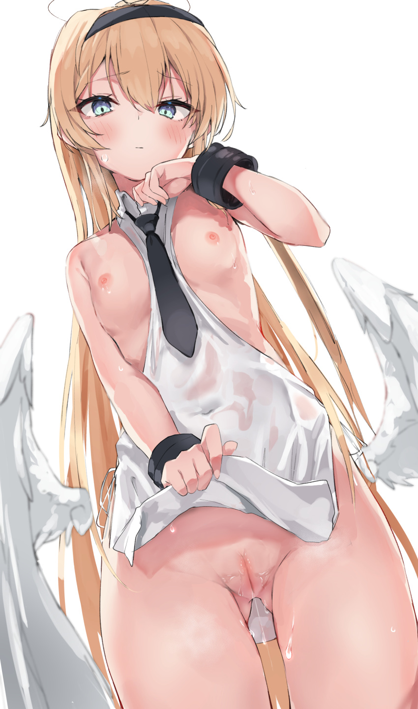 Rule 34 – absurdres angel wings ass visible through thighs bangs between breasts black hairband black necktie blonde hair blue eyes blush bottomless breasts closed mouth clothes between breasts clothes lift commentary request covered navel cowboy shot female from below frown hairband highres lifted by self long hair looking at viewer necktie nipples original paid reward available pussy pussy juice see-through shirt shirt lift sideless outfit simple background small breasts solo standing sweat sweatdrop toshizou (0714) tsurime wet wet clothes white background white shirt wings wrist cuffs | 7108191