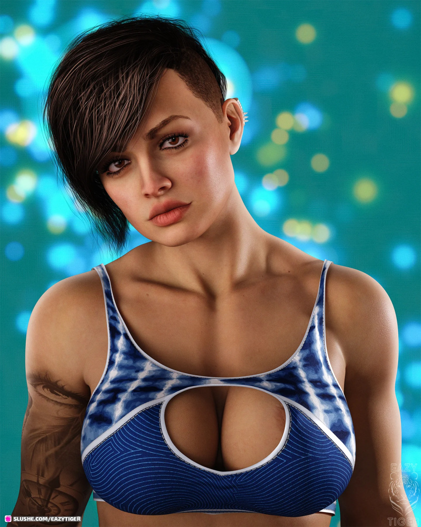 Rule 34 – 1girls 2022 3d arm tattoo brown eyes brown hair cleavage clothed clothing eazytiger female female only large breasts looking at viewer original character short hair solo solo female tattoo yanne lopez (eazytiger) | 7179221