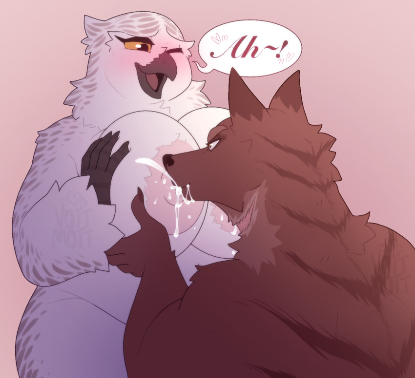 Rule 34 – anthro avian beak big breasts bird bodily fluids breastfeeding breasts breasts squish canid canine canis dialogue feathers female genitals hi res huge breasts interspecies lactating looking pleasured male male/female mammal mature female milk nipple fetish nipple play nipple suck nude one eye closed overweight overweight anthro overweight female owl scuted hands scutes smile speech bubble sucking thick thighs voluptuous female vottie white body white feathers wolf yellow sclera | 7124014