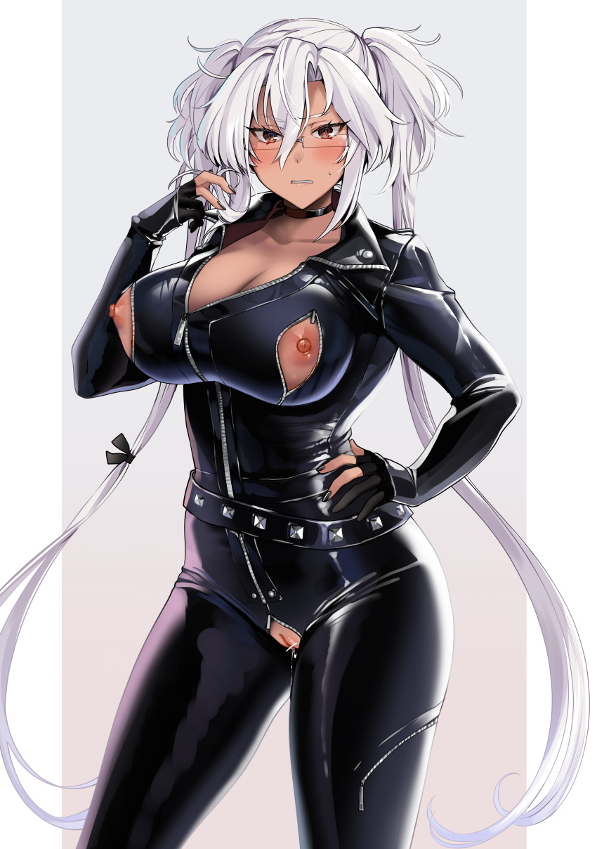 Rule 34 – 1girls absurd res big breasts black clothing bodysuit breasts choker cleavage collared dress dark-skinned female female female only glasses hi res kantai collection latex latex suit leather long hair looking at viewer musashi (kantai collection) nail polish nipples nipples visible through clothing open clothes open zipper pussy pussy juice red eyes standing twintails very long hair white hair yunamaro zipper | 6427030