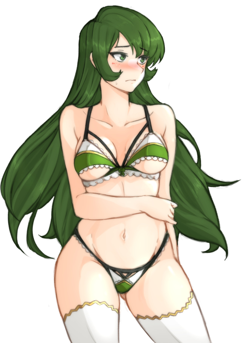 Rule 34 – 1girls absurdres alternate costume arm under breasts ass visible through thighs bangs bare shoulders blush bra breasts cleavage cowboy shot erinys (fire emblem) female female only fire emblem fire emblem: genealogy of the holy war frilled bra frills green eyes green hair green panties highleg highleg panties highres long hair looking to the side medium breasts navel nintendo panties simple background solo thighhighs thighs transparent background tridisart underboob underwear white panties | 7143147