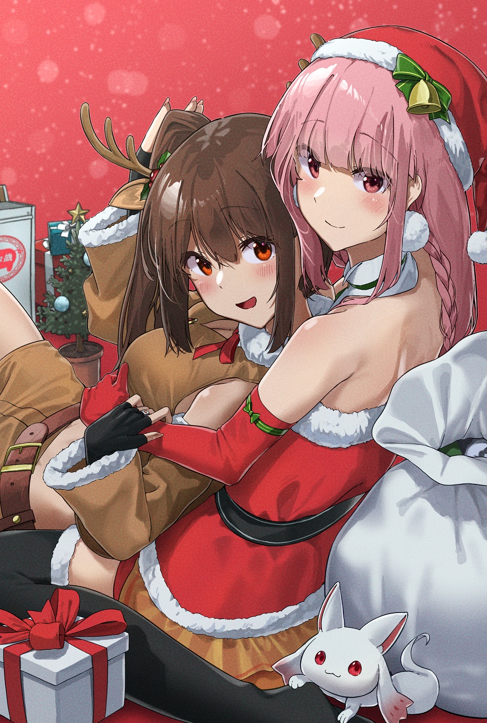 Rule 34 – 2girls animal ears antlers bangs bare shoulders belt black belt black legwear braid brown belt brown gloves brown hair brown shirt brown sleeves christmas closed mouth commentary costume deer ears detached collar detached sleeves dress elbow gloves fake animal ears fake antlers fingerless gloves from behind fur-trimmed dress fur-trimmed legwear fur-trimmed sleeves fur trim gift gloves hair ornament hand on another’s arm hat hat bell highres holly hair ornament hug hug from behind leaning back long hair looking at viewer looking back magia record: mahou shoujo madoka magica gaiden mahou shoujo madoka magica medium hair midriff multiple girls noeru on person open mouth pink eyes pink hair red eyes red gloves red headwear reindeer antlers sack santa dress santa hat shirt short dress sidelocks sitting sitting on lap sitting on person sleeveless sleeveless shirt small kyubey smile strapless strapless dress tamaki iroha thighhighs twintails wariza yui tsuruno | 7333620