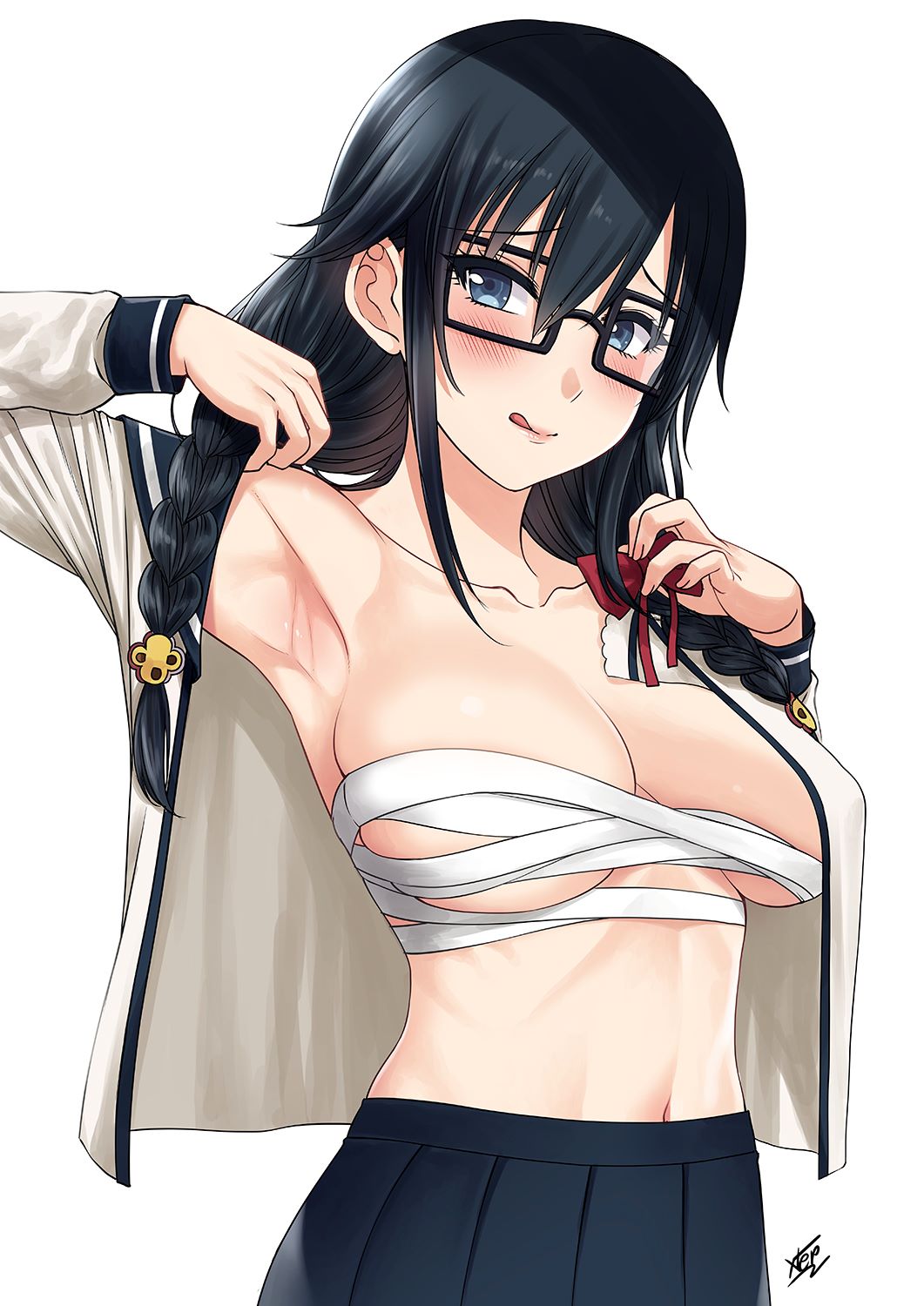 Rule 34 – armpits bandages bangs black-framed eyewear black hair black sailor collar blue eyes blue skirt blush braid breasts budget sarashi collarbone female glasses grey shirt hair between eyes hair ornament hair ribbon jimiko large breasts licking lips long hair long sleeves looking at viewer navel open clothes open shirt ore wo suki nano wa omae dake ka yo pansy (oresuki) pleated skirt presenting armpit ribbon ribs sailor collar sanshokuin sumireko sarashi school uniform shirt signature simple background skindentation skirt solo tongue tongue out twin braids undressing white background xter xtermination | 7318273