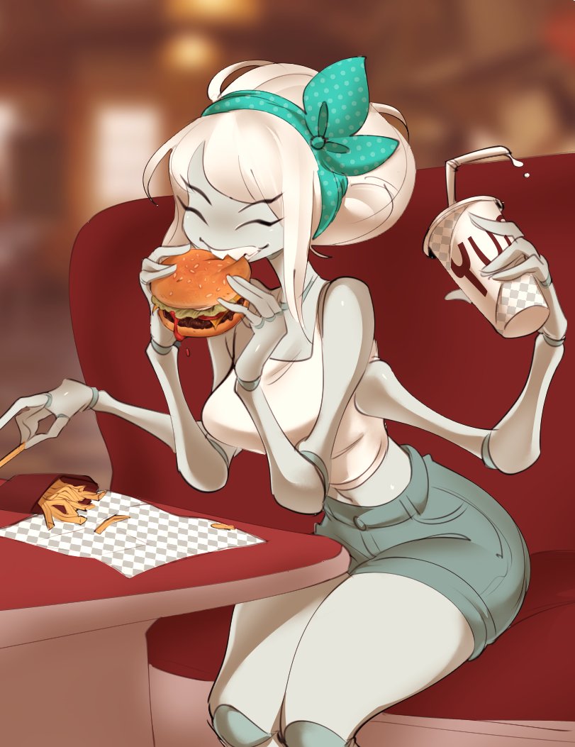 Rule 34 – 2019 anthro arachnid beverage blue eyes burger closed eyes color curvy debbie (vongulli) digital drawing (artwork) digital media (artwork) eating furry grey skin oc original original character restaurant sfw sitting smile spider spider girl vongulli vontecristo white hair | 7225908