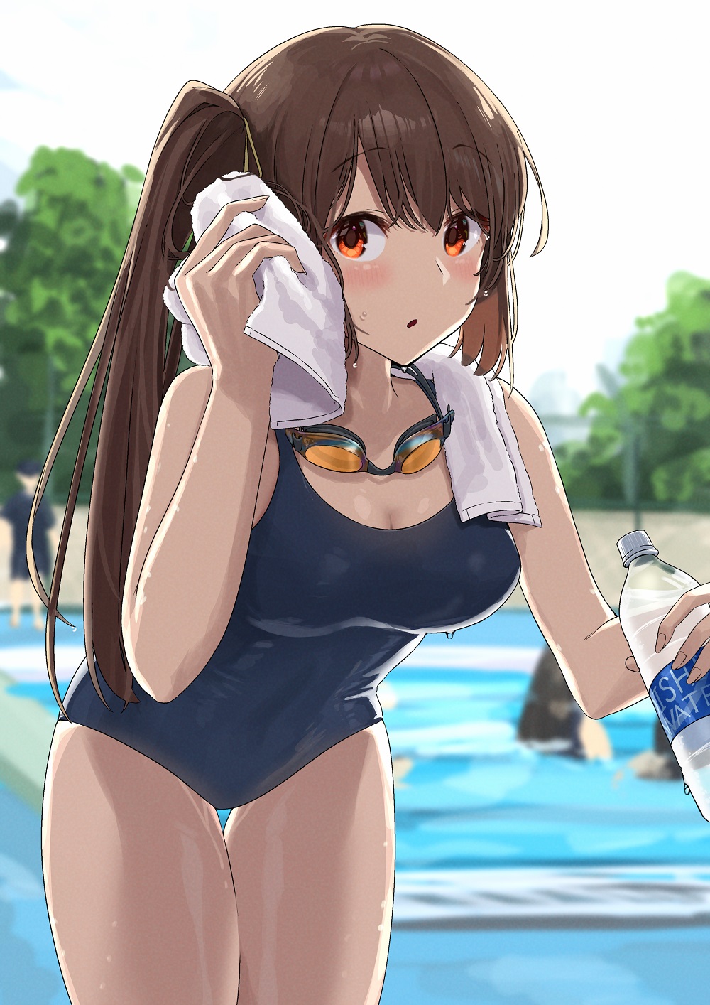 Rule 34 – :o bangs bare shoulders bent over blue one-piece swimsuit blush bottle breasts brown hair cleavage cowboy shot drying female goggles goggles around neck hair ribbon highres holding human human only large breasts long hair looking at viewer magia record: mahou shoujo madoka magica gaiden mahou shoujo madoka magica noeru one-piece swimsuit orange eyes outdoors parted lips pool ribbon side ponytail sleeveless solo focus swimsuit thigh gap towel towel around neck tree water water bottle water drop wet yellow ribbon young yui tsuruno | 7333588