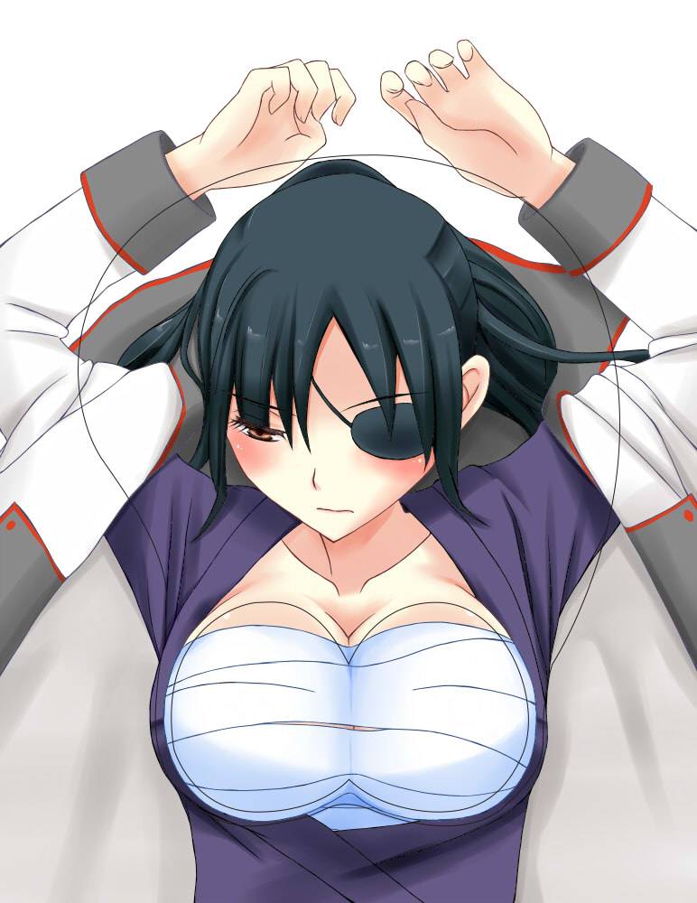 Rule 34 – arms up big breasts black hair blush cleavage embarrassed eye patch female female only gintama long hair looking away mousepad on back open jacket open shirt ponytail samurai sarashi solo tomboy yagyuu kyuubei | 7103755