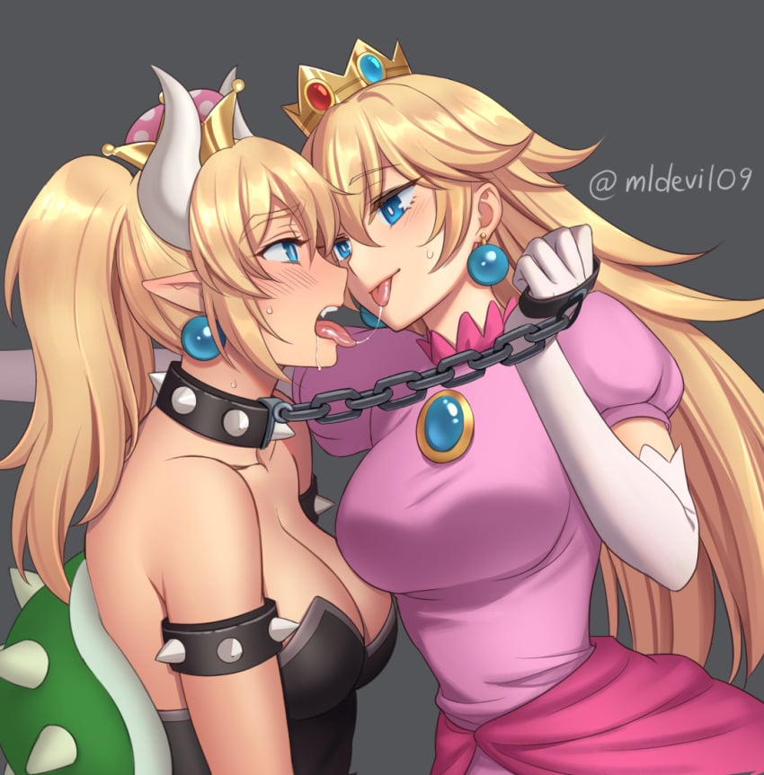Rule 34 – 2girls after kiss armlet black dress blonde hair blue eyes bowsette breasts brooch chain leash collar crown dress earrings elbow gloves female female only femdom gloves horns kissing large breasts leash leash pull long hair mario (series) multiple girls mylovelydevil new super mario bros. u deluxe nintendo pink dress ponytail princess peach role reversal saliva saliva string saliva trail slave spiked armlet spiked collar strapless dress super crown super mario bros. turtle shell white gloves yuri | 7270759