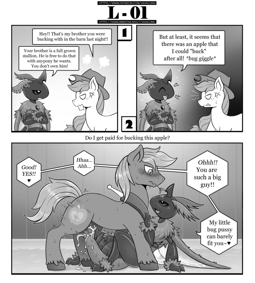 Rule 34 – angry antennae (anatomy) applejack (mlp) big macintosh (mlp) blush bodily fluids clothing comic cowboy hat cum dialogue english text equid equine female feral friendship is magic genital fluids hasbro hat headgear headwear heart hi res horn horse interspecies laugh male male/female mammal monochrome my little pony pony quadruped queen chrysalis (mlp) text two panel image vavacung | 7320379