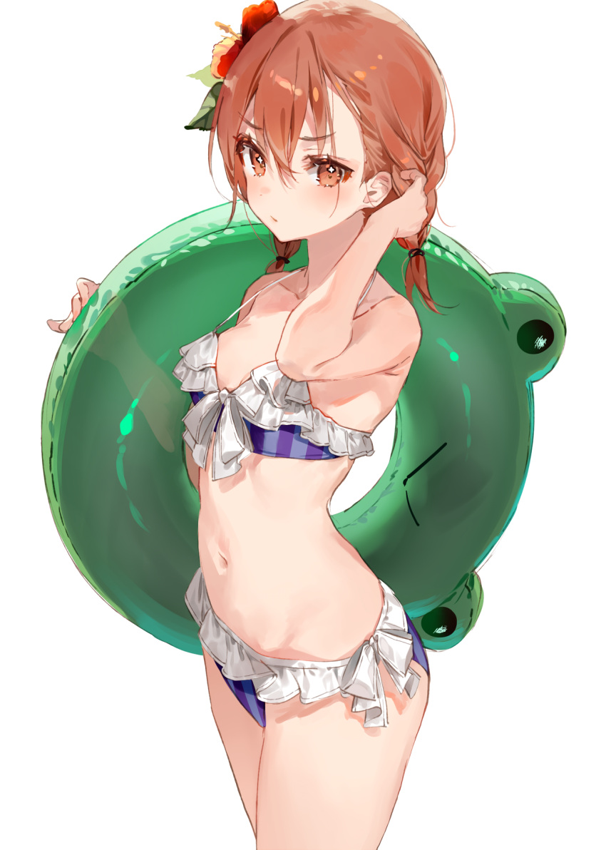 Rule 34 – 1girls 2020 2020s alternate hairstyle bangs bare shoulders bikini blue bikini blush braid breasts brown eyes brown hair closed mouth collarbone cowboy shot dsmile eyelashes feet out of frame female flower frilled bikini frills frog from side gekota hair between eyes hair flower hair ornament hair tie halterneck hand to head hand up hi res hibiscus holding innertube looking at viewer matching hair/eyes medium breasts medium hair midriff misaka mikoto navel official alternate costume official alternate hairstyle purple bikini red flower side-tie bikini bottom small breasts solo standing stomach striped striped bikini swimsuit thighs to aru kagaku no railgun to aru majutsu no index twin braids vertical-striped bikini vertical stripes white background | 7281003