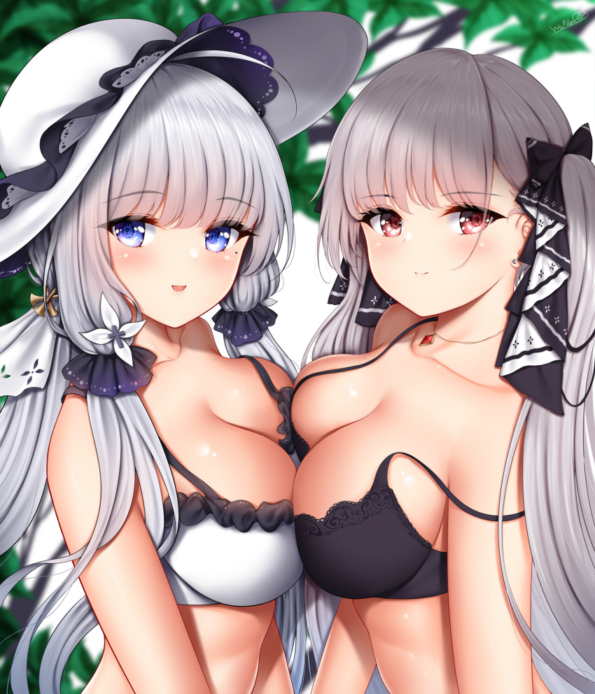 Rule 34 – 2girls :d azur lane bangs bare shoulders black bra blue eyes blurry blurry background blush bra breast press breasts c: cleavage collarbone day earrings eyebrows visible through hair female formidable (azur lane) frilled bra frills grey hair hair ornament hair ribbon hat highres illustrious (azur lane) jewelry lace trim large breasts long hair looking at viewer mole mole under eye multiple girls necklace open mouth outdoors red eyes ribbon ruby (gemstone) smile strap slip sun hat symmetrical docking twintails two-tone ribbon underwear very long hair white bra white hair white headwear wsman | 5430054