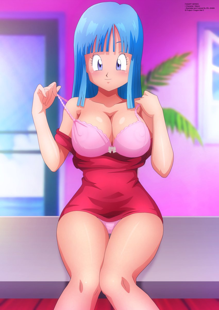 Rule 34 – blue eyes blue hair blush bra bra briefs breasts dragon ball dragon ball z erect nipples female hime cut long hair panties pink bra pink panties pink underwear red dress short dress sitting smile smiling underwear zel-sama | 7233498